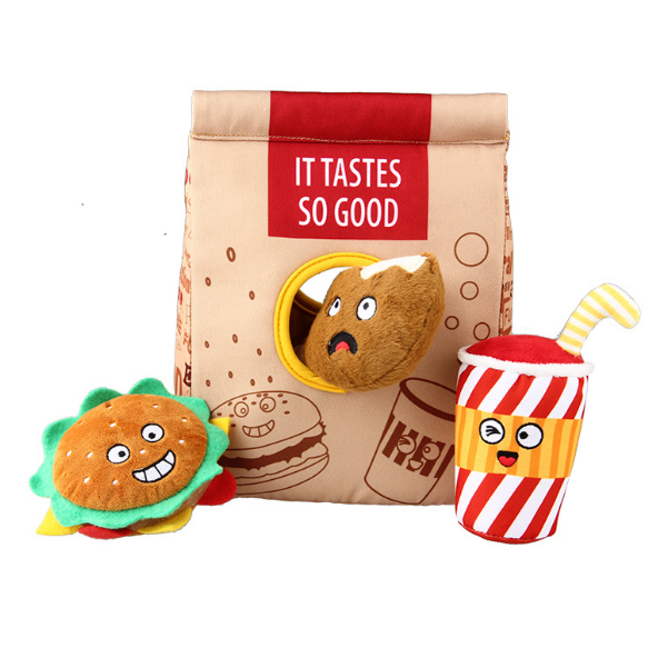 HIDE N' SEEK INTERACTIVE PLUSH DOG TOY - FAST FOOD BAG